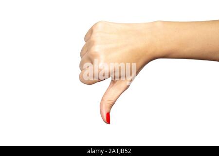 Woman's hand showing thumb down gesture isolated on white background, Woman's hand showing thumb dislike isolated on white background Stock Photo