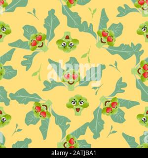 Cute seamless pattern with cartoon emoji broccoli Stock Vector