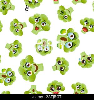 Cute seamless pattern with cartoon emoji broccoli Stock Vector
