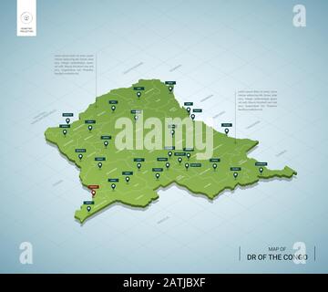 Stylized map of  DR of the Congo. Isometric 3D green map with cities, borders, capital , regions. Vector illustration. Editable layers clearly labeled Stock Vector