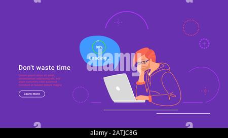 Upset and bored teenager sitting with laptop and waiting. Flat vector illustration of tired student wasting time while he waiting data loading or long Stock Vector
