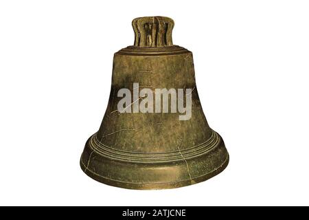Big bell on white isolated background. Olr cracked yellow metal bell as a religion medieval symbol or travel point of interest Stock Photo