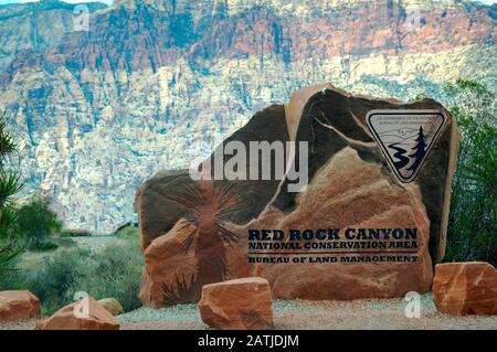 Red Rock Canyon sign on the side of a boulder as you enter the park in Las Vegas, Nevada. Stock Photo