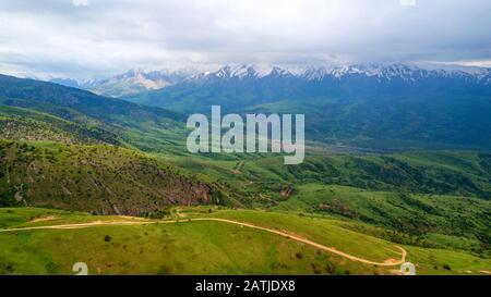 Kazakhstan Shymkent aerial view the ice mountain this is a beautiful landscape in the Sairam Ugam statue, National Park Stock Photo