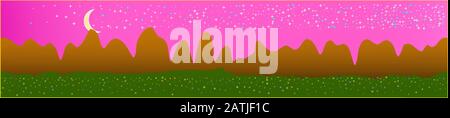 Pink sky, and mountains landscape. Panoramic horizontal design. Trendy panoramic design. Fresh glass print fantasy. Horizon, texture. Old game style. Stock Vector