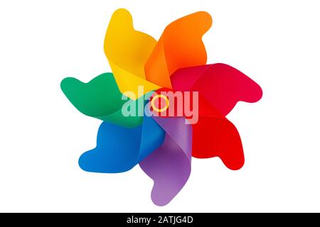 front view closeup of colorful windmill pinwheel isolated on white background Stock Photo
