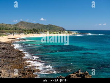 View from Halona Blowhole down towards Sandy Beach near Waikiki in Hawaii Stock Photo