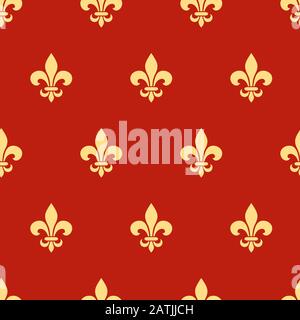 Vector seamless pattern with gold fleur-de-lis symbols on red. Stock Vector