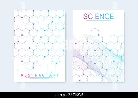 Modern vector templates for brochure, cover, banner, flyer, annual report, leaflet. Hexagonal molecular structures. Futuristic technology background Stock Vector
