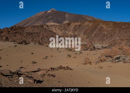 Martian landscape on the eastern slopes of Montana Blanca Mirador las Minas de San Jose with Teide mount at background. Teide National park, Tenerife, Stock Photo