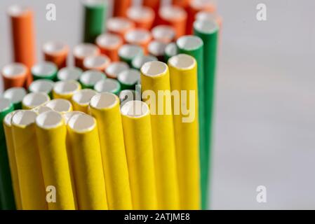 Zoom On Biodegradable Colored Drinking Straws. Paper straws Stock Photo