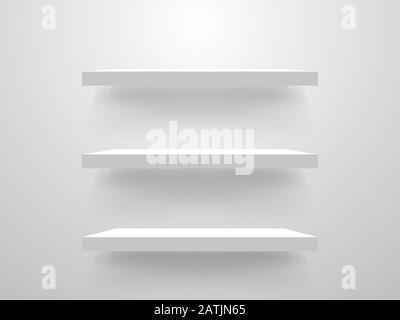 Showcase with glass wall, white shelves and spotlights. Vector ...