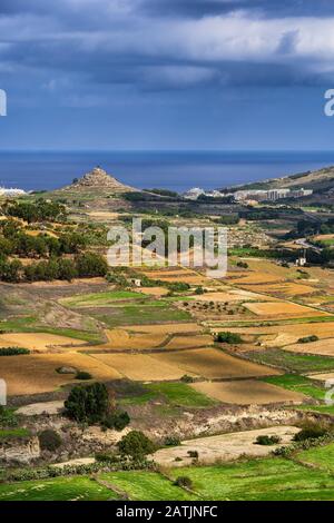 Fields and meadows in agricultural landscape on Gozo island, Malta, horizon of the Mediterranean Sea Stock Photo