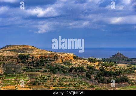 Landscape of Gozo island in Malta, horizon of the Mediterranean Sea Stock Photo