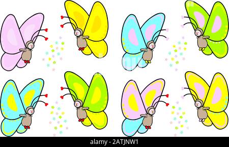 funny hand drawn vector illustration of  cute butterfly in various colors and flower decoration Stock Vector