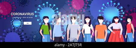 people group in protective masks epidemic MERS-CoV coronavirus flu spreading floating influenza wuhan 2019-nCoV pandemic medical health risk cells background portrait horizontal copy space vector illustration Stock Vector