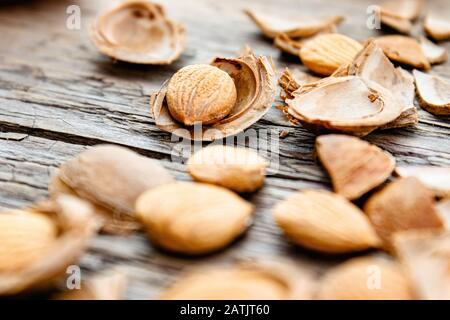 The core of apricots and stones on the background of old boards. Apricot pits for the manufacture of tablets and drugs. Close-up. Stock Photo