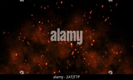 Burning hot bonfire fire sparks on a dark background. 3d illustration. Stock Photo