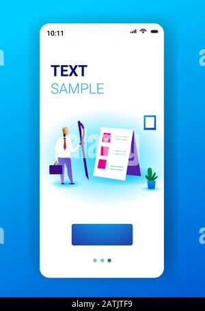 modern robot holding pen task solutions new ideas checklist with marks in check boxes business plan artificial intelligence technology concept full length smartphone screen mobile app vertical copy space vector illustration Stock Vector