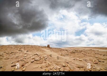 Bricks in a dry desert in cloudy weather with a stack of stones Stock Photo