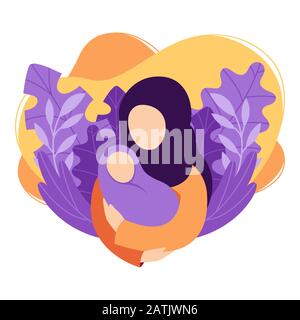 Muslim mother holds the baby in her arms. Woman cradles a newborn. Cartoon design, health, care, maternity parenting. Vector illustration isolated on Stock Vector