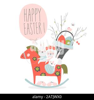 Cute cartoon bunny with Easter eggs and flowers Stock Vector