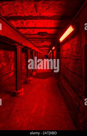 Red illuminated underpass in an industrial site. Stock Photo