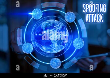 Conceptual hand writing showing Spoofing Attack. Concept meaning impersonation of a user, device or client on the Internet Elements of this image furn Stock Photo