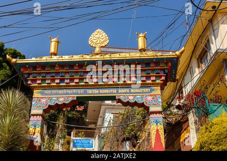 Katamandu, Nepal - November 13, 2016: Triten Norbutse Bonpo Monastery. Entrance to the monastery. Kathmandu Nepal Bon religion. Stock Photo