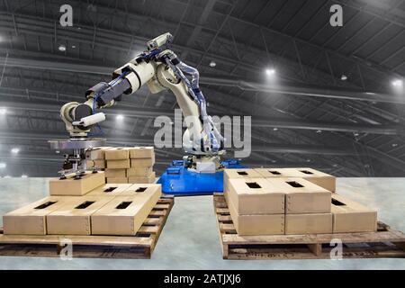 Controller of industrial robotic arm for performing, dispensing, material-handling and packaging applications in production line manufacturer factory. Stock Photo