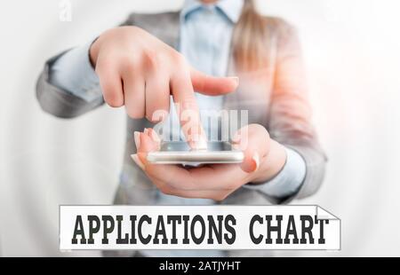 Conceptual hand writing showing Applications Chart. Concept meaning graph used to study how a process changes over time Business woman points with fin Stock Photo