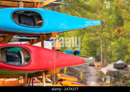 Color kayaks for rafting on tropical mountain river Stock Photo