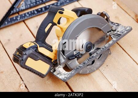 Portable tool circular saw for cutting wood Stock Photo