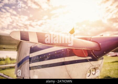 Close up airplane propeller with sun flare on sky background Stock ...