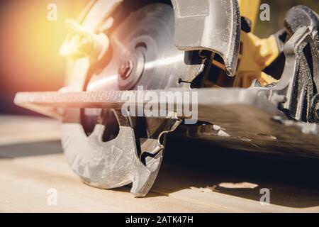 Portable tool circular saw for cutting wood Stock Photo