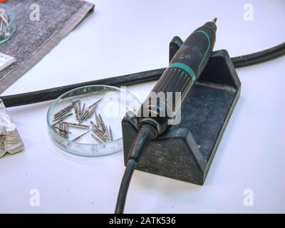 Drilling tools from diamond material used for stomatology. Treatment tools in dentist laboratory Stock Photo