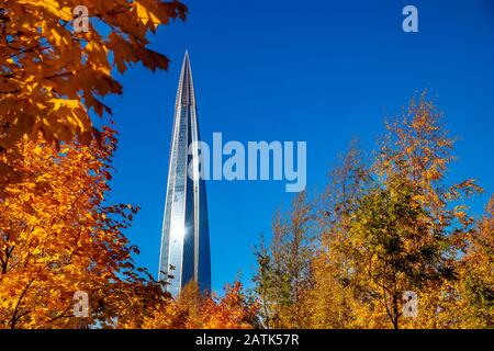 Saint Petersburg, RUSSIA - OCTOBER 1, 2018: Skyscraper Lakhta center Gazprom headquarters. Autumn trees. Clear blue sky Stock Photo