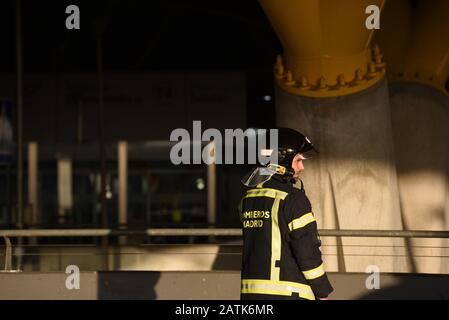 Madrid, Spain. 03rd Feb, 2020. A firefighter is seen at Adolfo Suarez-Barajas International Airport in Madrid.After almost five hours circling due to damage to a wheel and the left engine shortly after taking off, the aircraft made an emergency landing in Barajas at around 19.10, where it finally successfully landed in Madrid. Credit: SOPA Images Limited/Alamy Live News Stock Photo