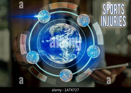 Conceptual hand writing showing Sports Injuries. Concept meaning kinds of injury that occur during sports or exercise Elements of this image furnished Stock Photo