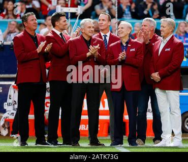 Dan Marino, Tom Brady and Joe Montana before Super Bowl LIV between the San  Francisco 49ers and the Kansas City Chiefs held at Hard Rock Stadium in  Miami Gardens, Florida on Feb.