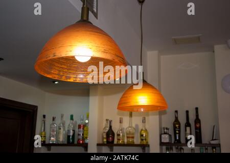 Smolyan, Bulgaria - march, 22 2019 - Modern minimalistic ceiling lamp, interior lighting bulbs decoration, contemporary indoors, hanging lights Stock Photo