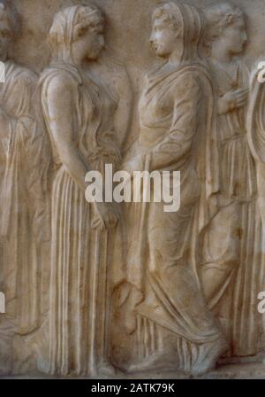 Votive relief dedicated by Xenokrateia to the river-God Kephisos. Detail. 410 BC. Pentelic marble.  From the Sanctuary of Echelidai at New Phaleron (Attica). National Archaeologic Museum. Athens, Greece. Stock Photo