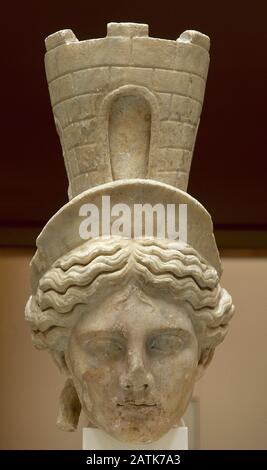 Colossal head of Tyche. 2nd century AD. Roman. Marble. From Italica (Sevilla province, Andalusia, Spain). Archaeological Museum of Seville. Andalusia, Spain. Stock Photo