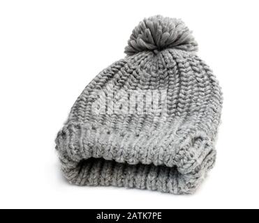 Gray  knitted hat isolated on white Stock Photo