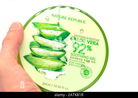 SEOUL - JAN 31: Container with Aloe Vera Skin Cream isolated in Seoul on January 31. 2020 in South Korea Stock Photo