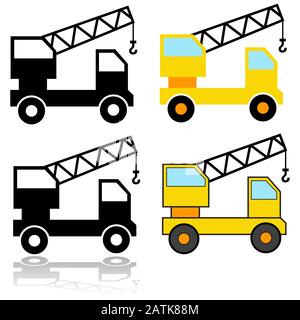 Icon set showing different representations of a crane truck Stock Vector
