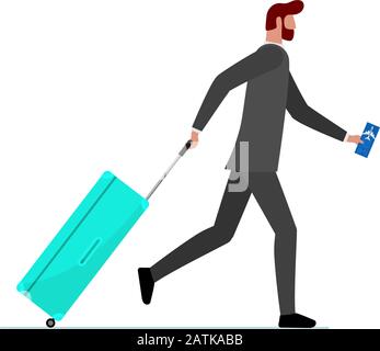 Businessman running with suitcase and flight ticket. Hurrying male with luggage bag rushing boarding to plane or missing flight. Tourist man late traveling concept vector illustration Stock Vector