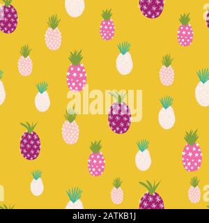 Abstract summer pineapples seamless vector pattern. Repeating colorful tropical background. Hand drawn exotic fruit isolated in cartoon doodle style Stock Vector