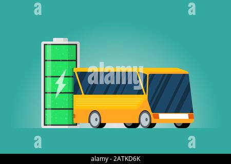 High power battery charged energy indicator with lightning icon and yellow electric bus. Modern e-vehicle technology and future eco passenger transport concept. Vector full accumulator illustration Stock Vector