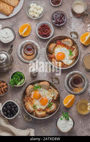 Rich and delicious Turkish breakfast on table Stock Photo